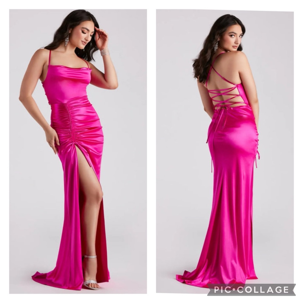 Windsor Fuchsia Ruched Satin Formal Dress